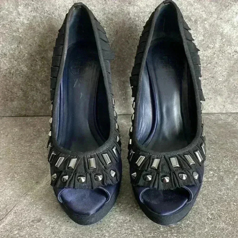 Tory Burch Peep Toe Metal Studs Black & Navy Blue Women’s Size 6.5